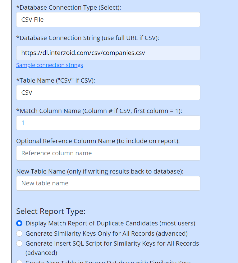 CSV Company Name Match Report Setup Example